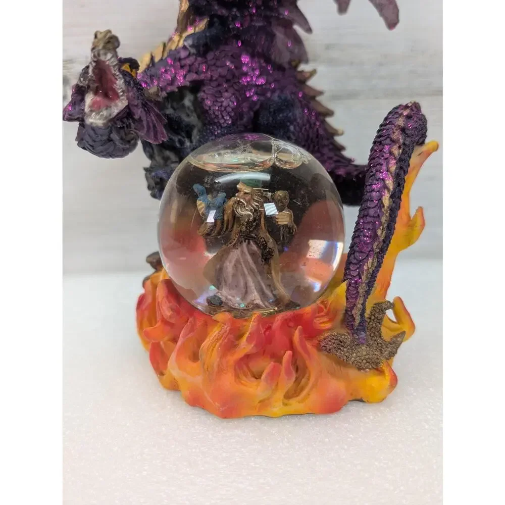 Purple Dragon Wizard Crystal Ball Resin Figurine Statue Fantasy Flames Glitter‎